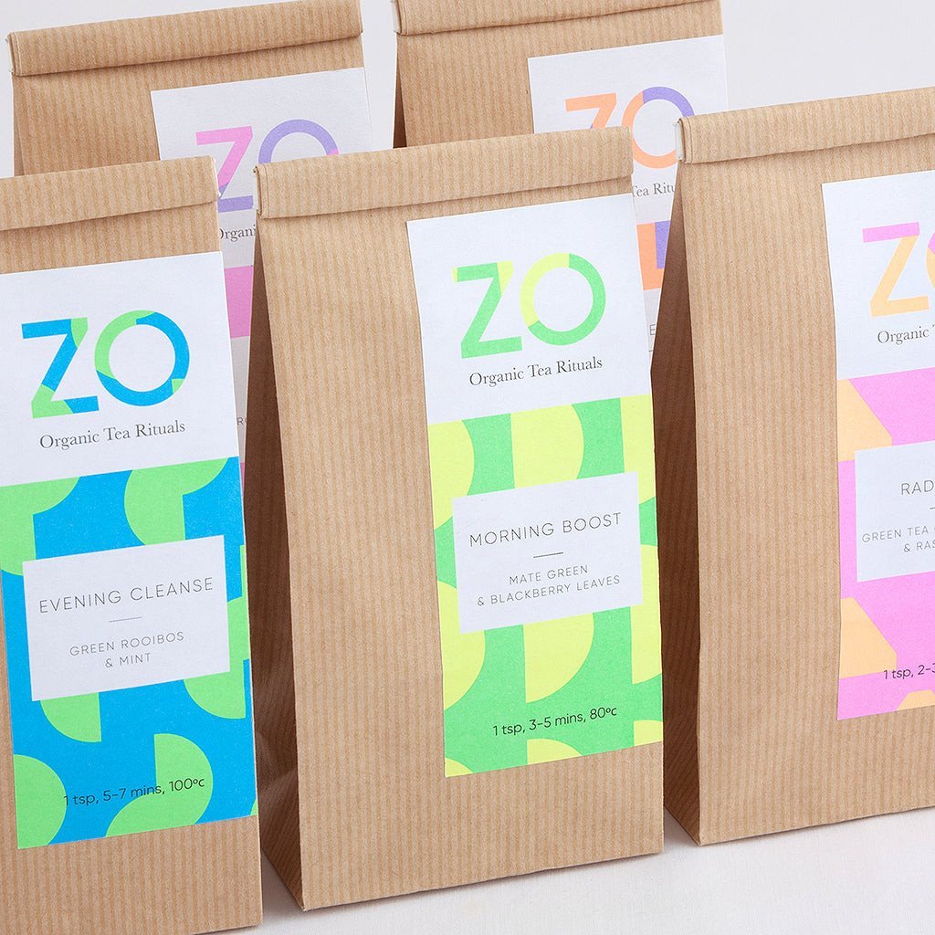 ZO tea compostable packaging, plastic free refil bag