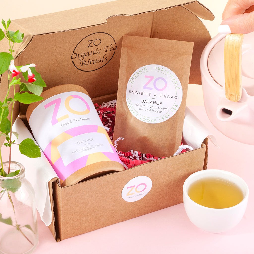 Green tea and raspberry infusion in sustainable recyclable packaging