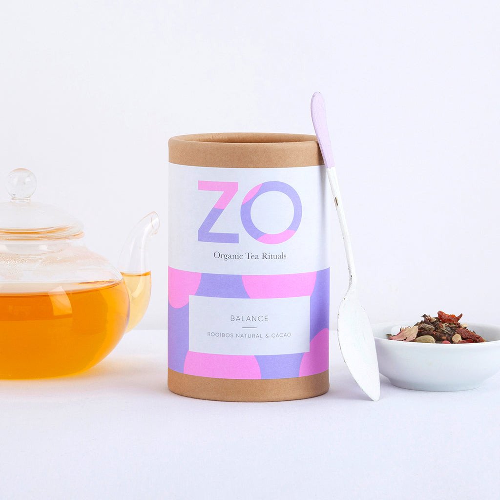 ZO organic loose leaf tea blends in recyclable packaging air tight pot